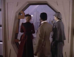 Pulaski, Geordi, and Data enter the holodeck on Star Trek The Next Generation